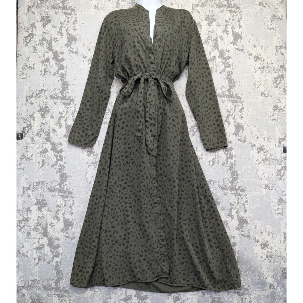 Cloth & Stone Olive Green Leopard Print Maxi Dress Size Small Button Front Tie
